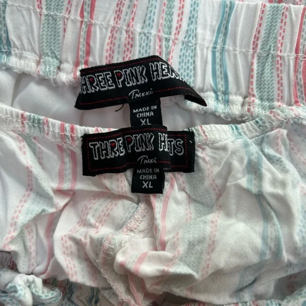 Three Pink Hearts white pink stripes ruffle skirt and top girls size‎ XL